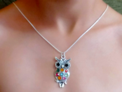 Silver-plated, colorful crystal owl pendant on a snake chain
