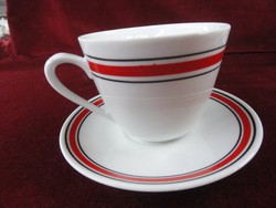 Zsolnay porcelán teáscsésze + alátét, szürke/piros csíkkal. Vanneki!