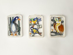 3 db retro iparművész kerámia falikép - madaras mintával - bagoly, cinege, kacsa