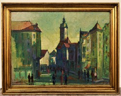 Gádor Emil (1911 - 1998) Pécs ? utcakép c. olajfestménye 90x70cm EREDETI GARANCIÁVAL