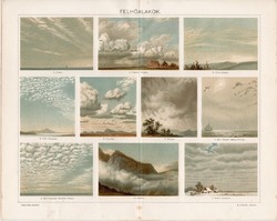 Felhőalakok, 1896, színes nyomat, litográfia, eredeti, régi, felhő, cumulus, nimbus, stratus, forma