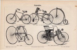 Kerékpár, egyszínű nyomat 1896, német nyelvű, eredeti, bicikli, velocipéd, lexikon melléklet, régi