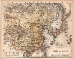 Kína és Japán térkép 1871, lexikon melléklet, német nyelvű, eredeti, XIX. század, Meyers, Ázsia