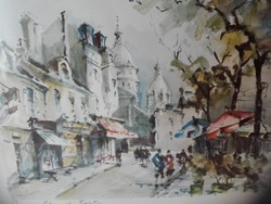 Párizsi Montmartre, akvarell nyomat keretezve, üvegezve. 30 x 38 cm