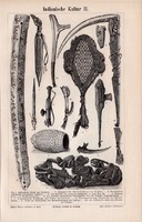 Indián kultúra II., III., egyszín nyomat 1894, német nyelvű, eredeti, Amerika, pipa, edény, fegyver