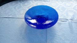 Kék üveg asztalközép, gyümölcsös tál