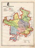Békés vármegye térkép 1934, csonka Magyarország, megye, régi, atlasz, eredeti, királyi térképészet