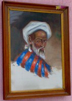 Komoly tekintetű arab férfi portréja olaj-vászon festmény, üvegezett keretben. Ingyenes szállítással