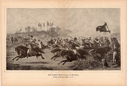 Csikós verseny, metszet 1880, eredeti, 38 x 56 cm, nagy méret, lóverseny, ló, puszta, német, újság