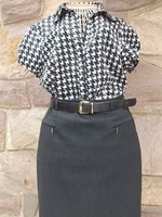 Retro houndstooth black and white silk blouse-women's top m-l