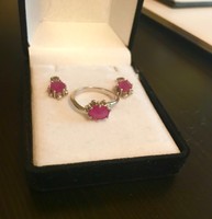 Valódi természetes rubin, ezüst ékszer szett- fülbevaló és gyűrű