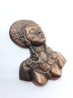 Bronz réz? egzotikus női büszt falikép mellkép - fém falidísz - törzsi ékszereket viselő néger akt 