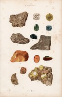 Gyémánt, borostyánkő, kalcit, grafit és barit, halit, litográfia 1885, eredeti, 26 x 42 cm, nagy