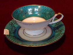 ALKA Bavaria német porcelán. Antik teáscsésze + alátét. Zöld szegéllyel, aranyozott széllel. Vanneki
