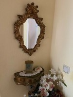 Antik velencei barok fa faragott falitükör kis konzol asztalkával