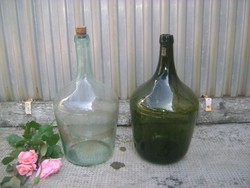 Zöld és türkiz üvegballon, pálinkás vagy boros palack - két darab