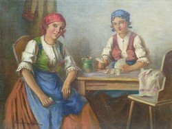 Szász István (1878-1965): Kártyázó menyecskék