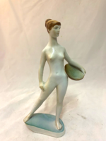 Zsolnay tálat tartó nő, jelzett porcelán szobor, 1960-as évek