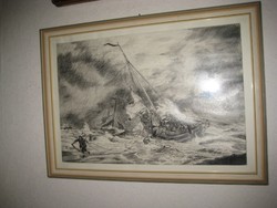Hajótörés   , grafika , rézkarc    32 x 45 , rámával 35 x 48  cm