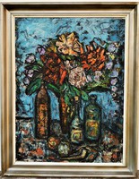 Vén Emil (1902 - 1984) Virágcsendélet üvegekkel c. olajfestménye 95x73cm EREDETI GARANCIÁVAL !!!