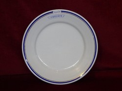 Zsolnay porcelán lapos tányér, utasellátó felirattal. Kék/arany szegéllyel. Átmérője: 23,5 cm.