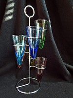 Különleges színes retro kupicák fém állvány tartóval 6 db rövid italos pohár
