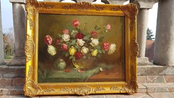 William Murin: restored to a high standard, oil, canvas - wood, painting. Rose still life. Blondel