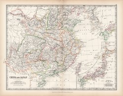 Kína és Japán térkép 1883, eredeti, atlasz, Keith Johnston, angol, 36 x 47 cm, Ázsia, Szecsuán, régi