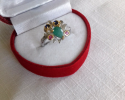 Gyönyörű két tónusú smaragd,rubin,zafír 925 ezüst gyűrű  6/52/16,5