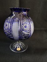 Különleges, gyönyörű, kézzel csiszolt kék ólomkristály talpas kehely váza vagy mécsestartó, hibátlan