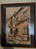 Utcai kép, szénceruza és akvarell 42x52