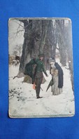 Régi képeslap Stuttgartból: havas táj hölggyel és katonával