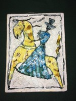 Kék ruhás lovagló hölgy festett mázas kerámia