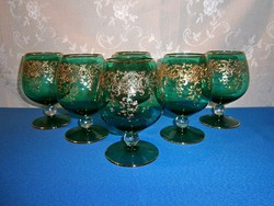 J_048 / Különleges arannyal festett zöld kristály készlet 6 db talpas konyakos pohár vékony üveg