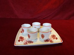 Hollóházi porcelán pálinkás kupica 5 db, tálcával. Népi motívummal. Vanneki!