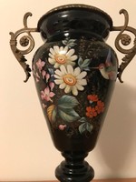 Antique hand painted glass vase with bronze fitment, 40 cm high
