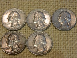 1963 Amerikai ezüst 1/4 dollár D veret 5 db együtt.