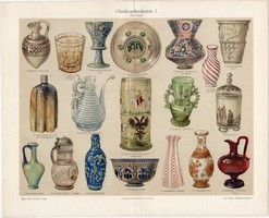 Üvegművészet I., 1903, litográfia, német, eredeti, régi, színes nyomat, üveg, üvegipar, váza, dísz