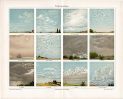 Felhőalakok, 1898, litográfia, német, eredeti, régi, felhő, cumulus, nimbus, stratus, égbolt, eső