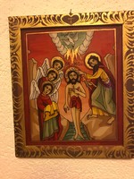 Üvegre kézzel festett Román ikon fa keretben.