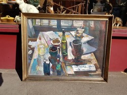 Eredeti Bér Rudolf a festő asztala asztali csendélet ecsetekkel, kancsókkal festmény