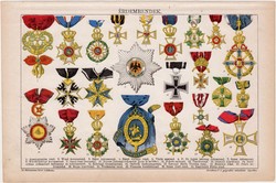 Érdemrendek, litográfia 1892, színes nyomat, eredeti, magyar nyelvű, kitüntetés, koronarend, régi