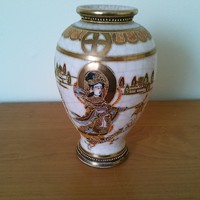 Nagyon régi kézzel festett, aranyozott, jelzett Távol-Keleti váza 16 cm