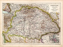 Nagy - Magyarország térkép 1890, német, atlasz, eredeti, Hartleben, megye, megyei, Budapest, régi