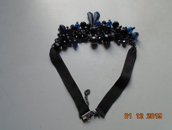 Wr william rosenberg design, black, dark blue, theatrical pearl necklace with chain mesh, clasp ribbon