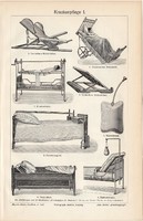 Betegápolás, egyszínű nyomat 1905, német nyelvű, eredeti, beteg, kórház, ágy, eszköz, ágytál, régi