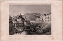 Császármalmok és császárfördő Budán, acélmetszet 1859, Hunfalvy, Rohbock, eredeti, Budapest, Buda