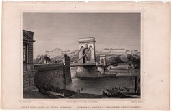 Az Új híd Pest és Buda között, acélmetszet 1859, Hunfalvy, Rohbock, eredeti, Budapest, Lánchíd