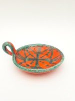 Retro iparművész kerámia zöld és narancssárga gyertyatartó - hordozható gyertya tartó