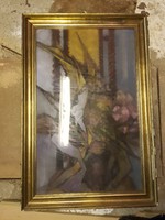 Benkő Katalin, 60x90-es keretben, üveg alatt lévő virágcsendélet, pasztell
